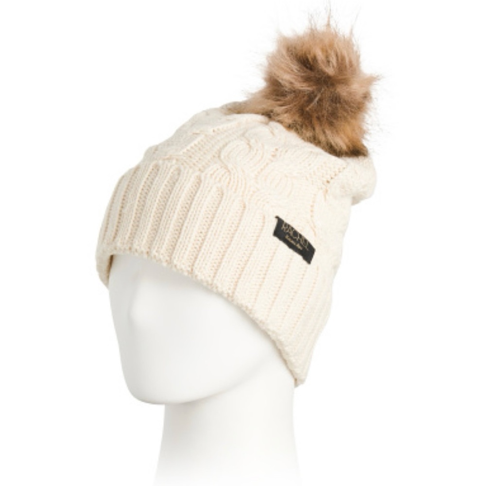 RACHEL ROY Cable Knit Slouchy Cuff Beanie With Faux Fur Pom 🆕